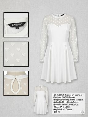 Allegra K White Sheer Heart Mesh Fit-and-Flare Dress M